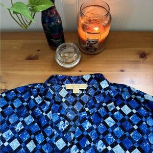Michael Kors Blue Geometric Pullover Roll Tab Sleeve Blouse Size Large
